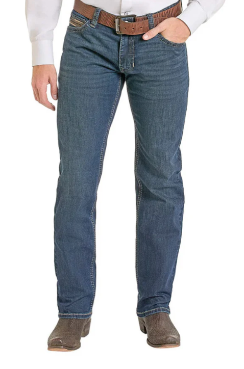 Men’s Panhandle Slim slim straight jean in medium wash, slim straight leg for a clean modern fit, with reinforced back pockets and contrast stitching – BM1RD06704. Available at Blair's Western Wear, Marble Falls, TX.