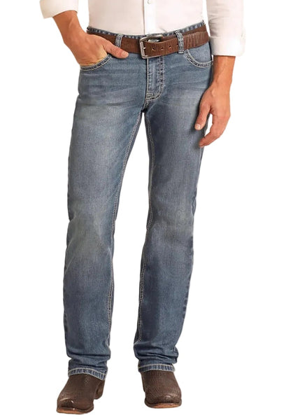 Men’s Panhandle Slim slim straight jeans in medium wash, slim straight leg for a clean fit over boots, durable denim that holds its shape with comfortable wear – BM1RD06136. Available at Blair's Western Wear, Marble Falls, TX.