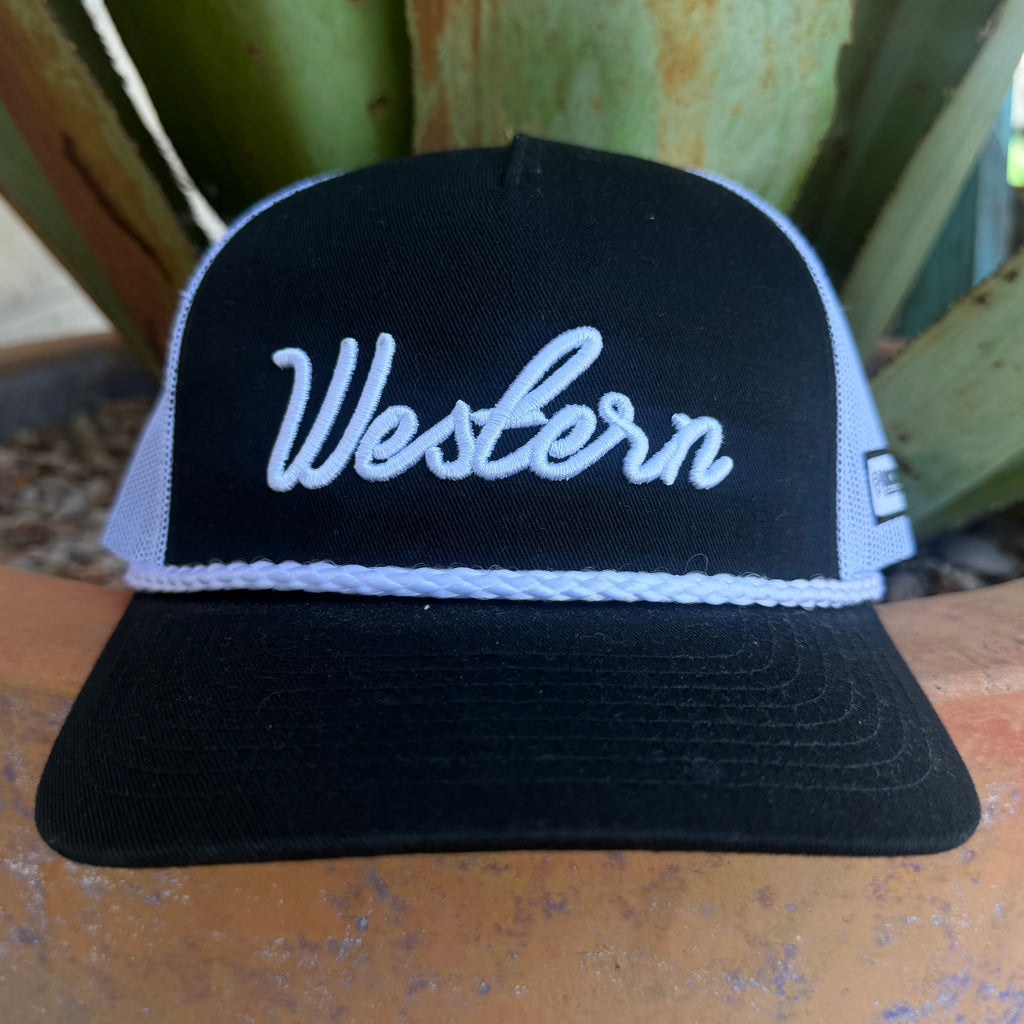 A black cap with white mesh back panels, a white braided trim, and white embroidered script reading 'Western' on the front