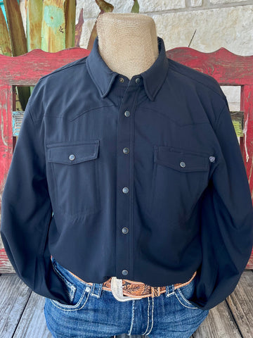 Men’s Panhandle Slim Western Shirt in black, featuring breathable, moisture-wicking performance fabric with mesh lining for enhanced comfort – BMN2S02400B. Available at Blair's Western Wear, Marble Falls, TX.