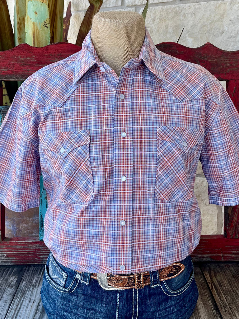 Men’s Panhandle Slim Western Shirt Short Sleeve Snap in Blue/Red/Orange Plaid, breathable cotton blend, with pearl snaps and dual contrast chest pockets – RMN3S06543. Available at Blair's Western Wear, Marble Falls, TX.
