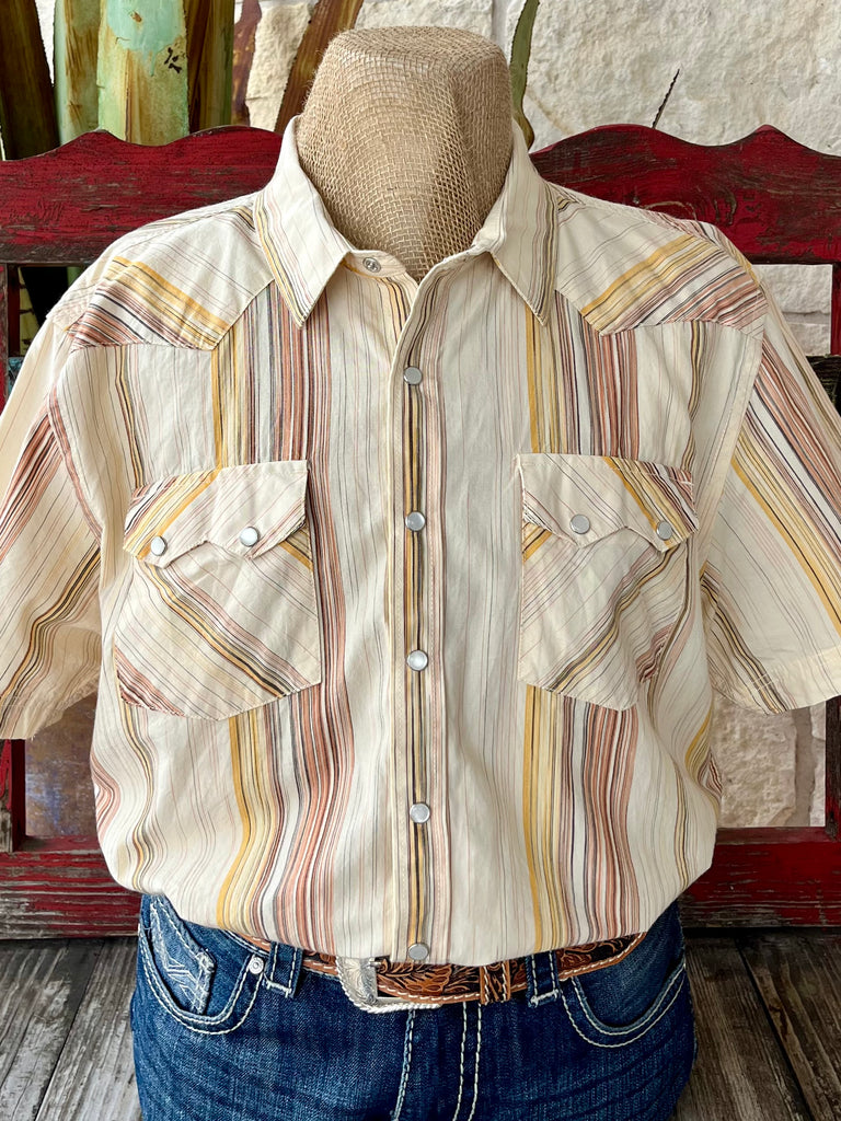 Men's Panhandle Slim Western Shirt Short Sleeve in Gold/Natural Stripe, Lightweight cotton-blend for breathable comfort, with pearl snap closures and flap pockets - PMN3S06576. Available at Blair's Western Wear, Marble Falls, TX.