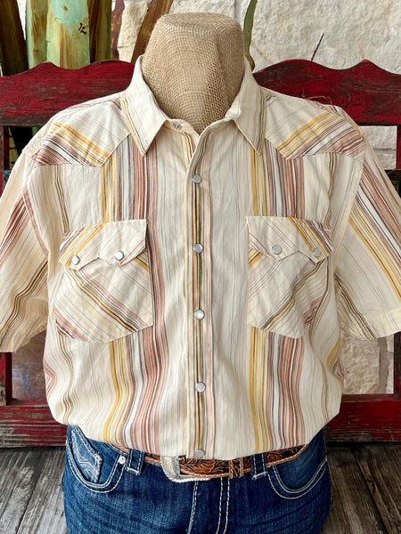 Men's Panhandle Slim Western Shirt Short Sleeve in Gold/Natural Stripe, Lightweight cotton-blend for breathable comfort, with pearl snap closures and flap pockets - PMN3S06576. Available at Blair's Western Wear, Marble Falls, TX.