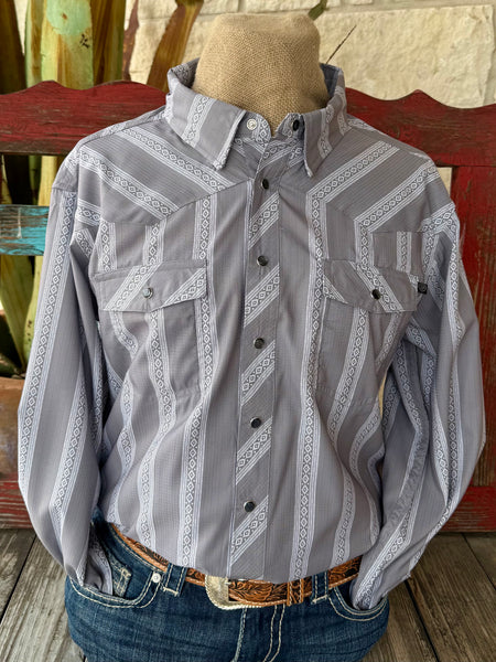 Men’s Panhandle Slim Western shirt in gray/white stripe, lightweight breathable fabric for all-day comfort, with dual snap chest pockets for secure storage - BMN2S08390. Available at Blair's Western Wear, Marble Falls, TX.