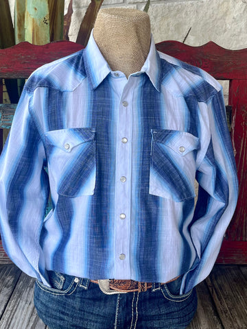 Men's Panhandle Slim Western Shirt in White/Blue Stripe, made with breathable cotton-blend fabric, with pearl snap buttons and double chest pockets - PMN2S05758. Available at Blair's Western Wear, Marble Falls, TX.