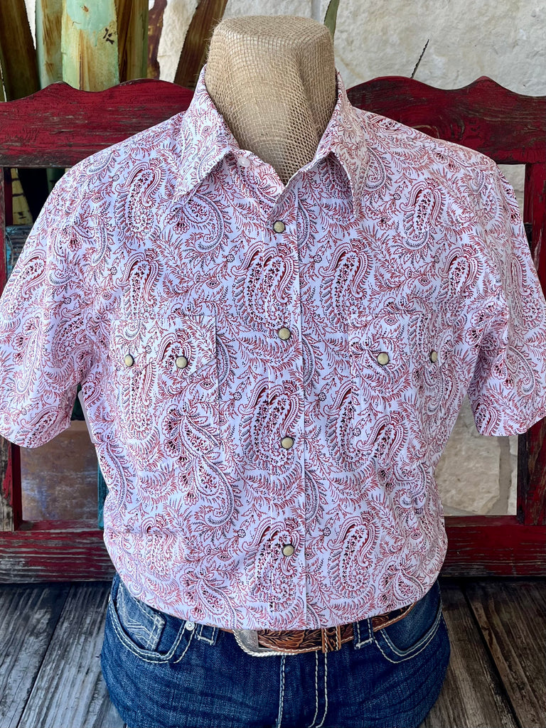 Men's Panhandle Slim Western Shirt Short Sleeve Paisley Print in White/Brick, lightweight cotton blend offers breathable comfort, with double chest pockets and pearlized snaps for secure wear - BMN3S06496. Available at Blair's Western Wear, Marble Falls, TX.