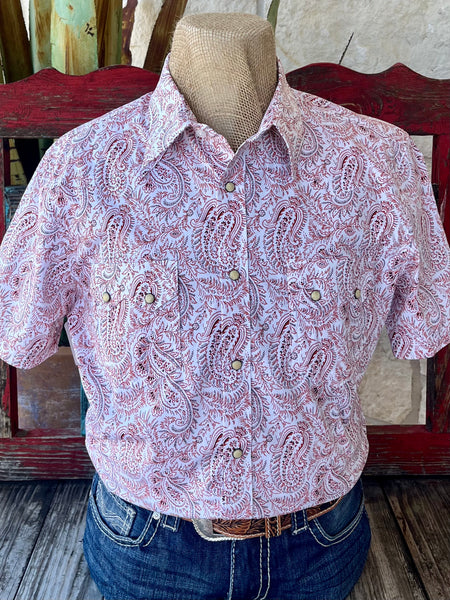 Men's Panhandle Slim Western Shirt Short Sleeve Paisley Print in White/Brick, lightweight cotton blend offers breathable comfort, with double chest pockets and pearlized snaps for secure wear - BMN3S06496. Available at Blair's Western Wear, Marble Falls, TX.