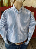 Men’s Panhandle Slim western shirt button down shirt in white/light blue stripe, breathable cotton-blend fabric for all-day comfort, with tailored slim fit for a modern western look - SMB2S08277. Available at Blair's Western Wear, Marble Falls, TX.
