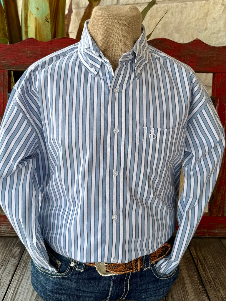 Men’s Panhandle Slim western shirt button down shirt in white/light blue stripe, breathable cotton-blend fabric for all-day comfort, with tailored slim fit for a modern western look - SMB2S08277. Available at Blair's Western Wear, Marble Falls, TX.