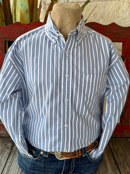 Men’s Panhandle Slim western shirt button down shirt in white/light blue stripe, breathable cotton-blend fabric for all-day comfort, with tailored slim fit for a modern western look - SMB2S08277. Available at Blair's Western Wear, Marble Falls, TX.