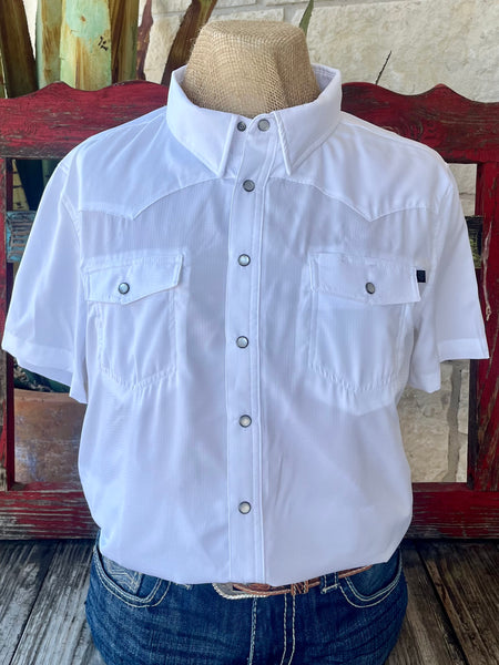 Men's Panhandle Slim Western Shirt Short Sleeve in White, Lightweight Tek fabric wicks moisture, with Dual flap pockets and pearl snaps for secure storage - BMN3S06797W. Available at Blair's Western Wear, Marble Falls, TX.
