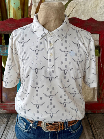 Men's Panhandle Western Wear Polo Short Sleeve Shirt in Natural, lightweight moisture-wicking performance fabric that keeps you cool, with an all-over steer skull Western print design - BM51T08352. Available at Blair's Western Wear, Marble Falls, TX.