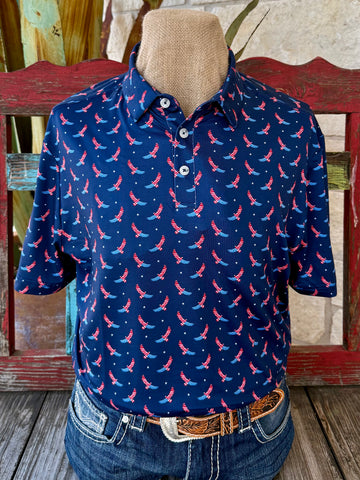Men's Burlebo navy short sleeve polo with all-over patriotic red white and blue eagle print on mannequin with jeans and tooled leather belt