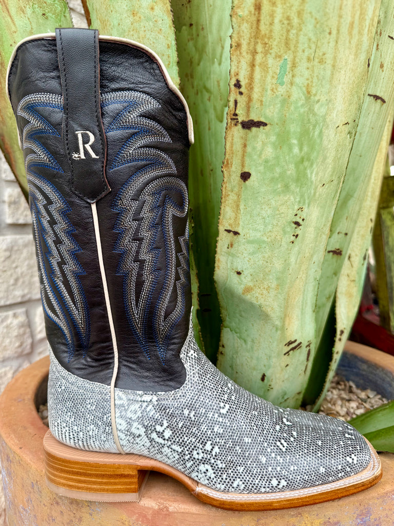 Men’s R. Watson exotic boot in chocolate and natural ringtail lizard, crafted with genuine lizard vamp for durability and comfort, with a wide square toe and leather sole – RW7900-2. Available at Blair’s Western Wear, Marble Falls, TX.