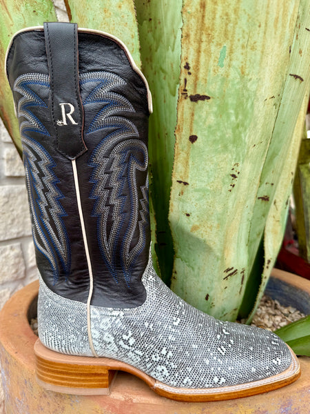 Men’s R. Watson exotic boot in chocolate and natural ringtail lizard, crafted with genuine lizard vamp for durability and comfort, with a wide square toe and leather sole – RW7900-2. Available at Blair’s Western Wear, Marble Falls, TX.