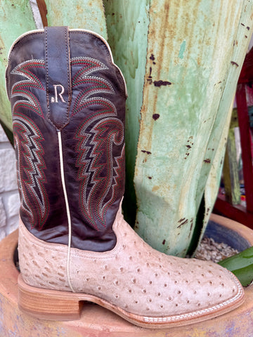 Men’s R. Watson Western Roper boot in sand full-quill ostrich with brown stitched leather shaft, cushioned insole, and leather outsole – RW4525-2. Available at Blair’s Western Wear, Marble Falls, TX.