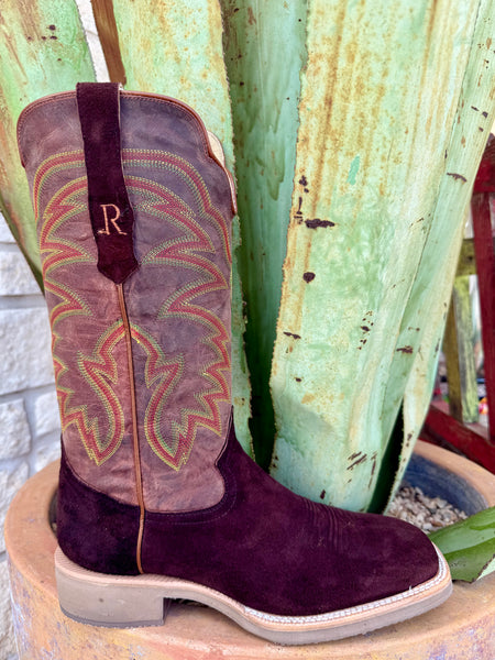 Men’s R. Watson Western roughout deer leather boot with tan goat shaft, wide square toe for comfort, and crepe sole for cushioning – RW7305-2. Available at Blair’s Western Wear, Marble Falls, TX.