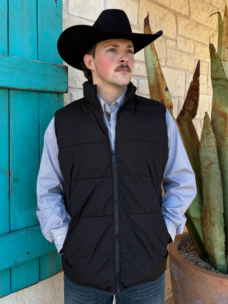 Men’s ROPER black quilted poly vest, full-zip design, with insulated polyfill warmth and secure zip pockets – 3976956648B. Available at Blair’s Western Wear, Marble Falls, TX.