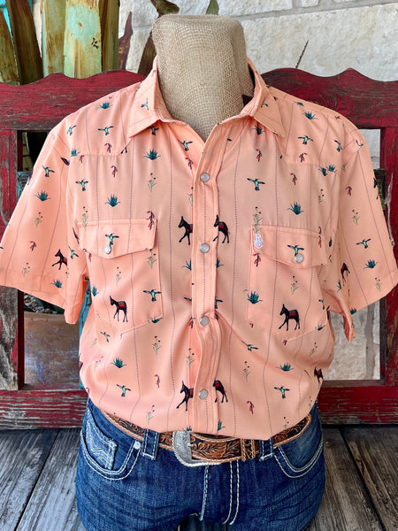 Men's Raised by Coyotes Pearl Snap Shirt in salmon, featuring a Burro Trail pattern with pearl snap front and dual flap pockets - BURRO TRAIL. Available at Blair's Western Wear, Marble Falls, TX.