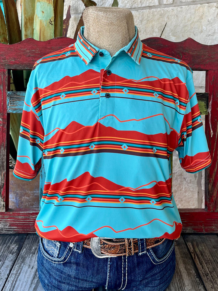 Men's Raised by Coyotes short sleeve pullover in Camelback color, featuring TexFlex® comfort fabric with UPF 50 sun protection. Available at Blair's Western Wear, Marble Falls, TX.
