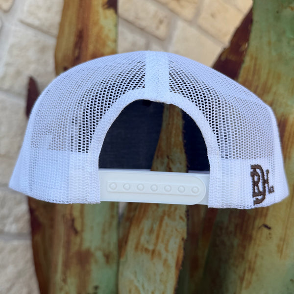 White mesh trucker hat with a white plastic snapback closure and a small embroidered dark logo on the side that read "RDH" 