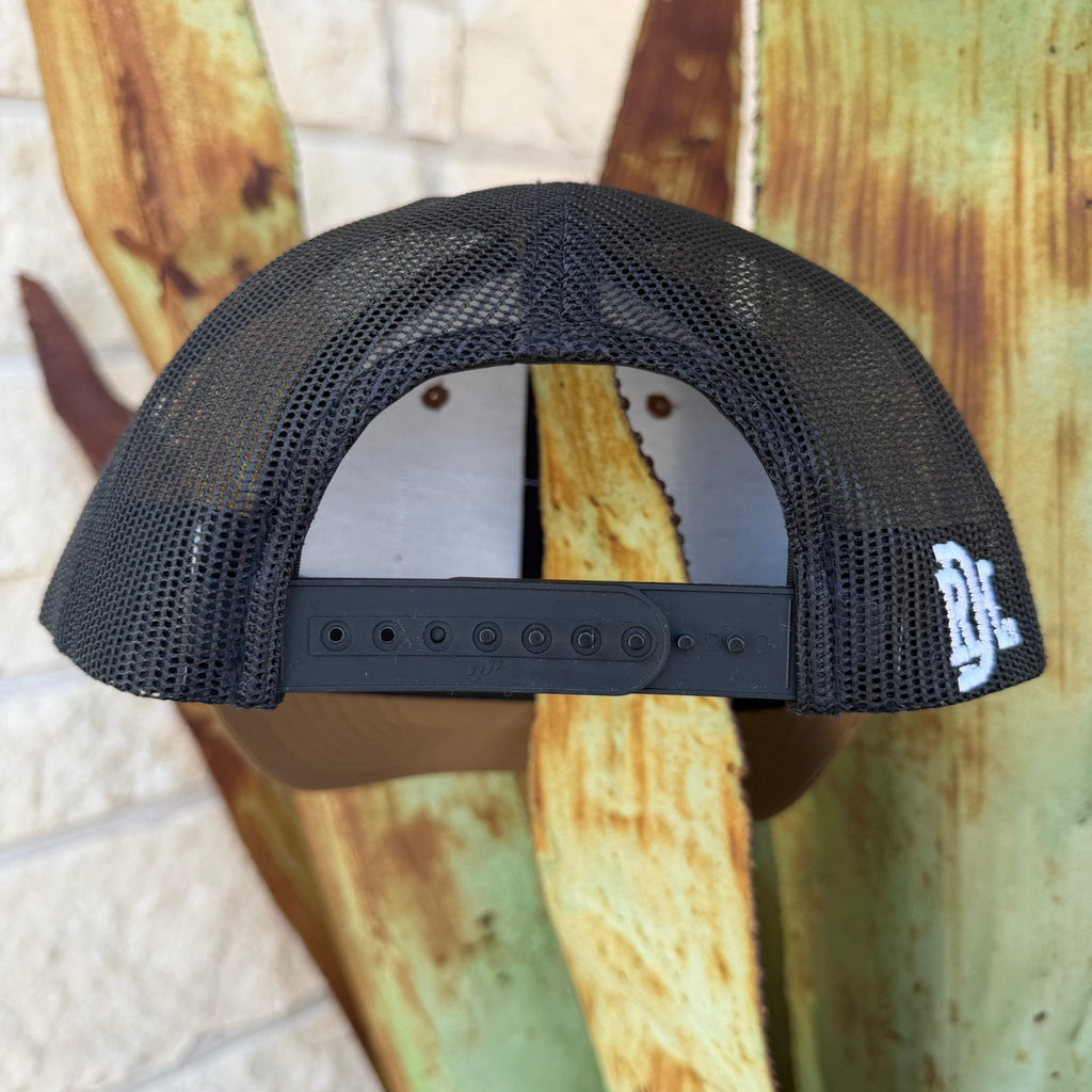 Black mesh trucker hat shown from the back, featuring a black adjustable strap and a white embroidered logo on the side that says "RDH" 