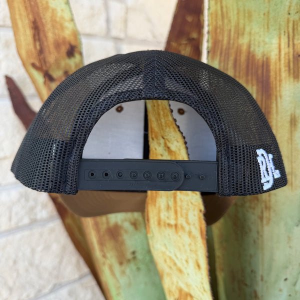 Black mesh trucker hat shown from the back, featuring a black adjustable strap and a white embroidered logo on the side that says "RDH" 