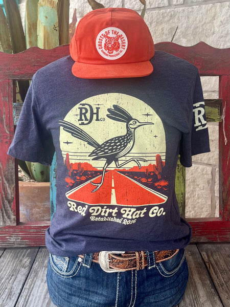Men’s Red Dirt Hat Co. Graphic Tee in Navy/Natural/Orange, soft cotton-blend fabric for breathable comfort, with a bold roadrunner desert graphic and reinforced stitching - RDHCT181. Available at Blair's Western Wear, Marble Falls, TX.