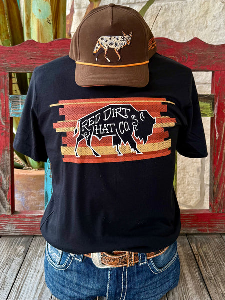 Men’s Red Dirt Hat Co. short sleeve graphic tee in black/brick, featuring a fade-resistant buffalo logo graphic, with soft breathable fabric for all-day comfort – RDHCT155. Available at Blair's Western Wear, Marble Falls, TX.