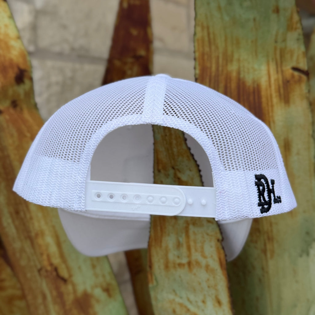 Men's White cap with aztec Red Dirt Hat Co. Logo at the front in the colors red-orange, brown , and turquoise  - it has a an adjustable snapback strap on the back for adjustable fit 