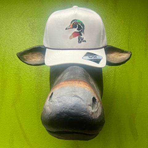 Men's Red Dirt Hat Mesh Cap in White, embroidered with mallard duck detail, with breathable mesh back and adjustable snapback closure - RDHC457. Available at Blair's Western Wear, Marble Falls, TX.