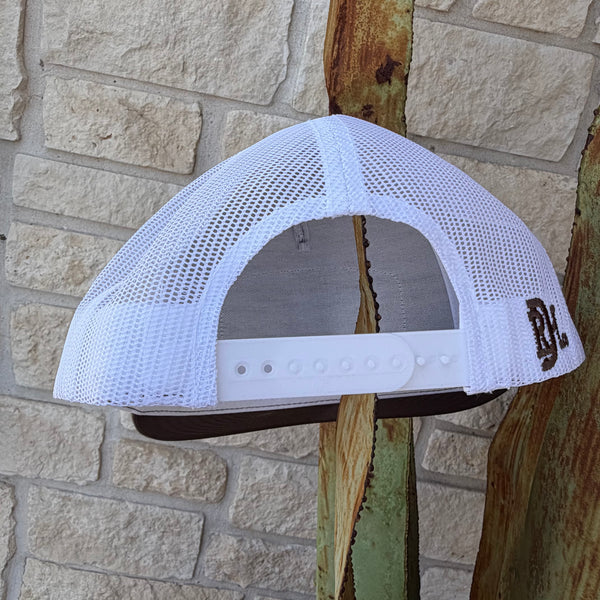 White mesh trucker cap shown from the back, featuring a white adjustable strap and a brown embroidered 'RDH' logo on the side,