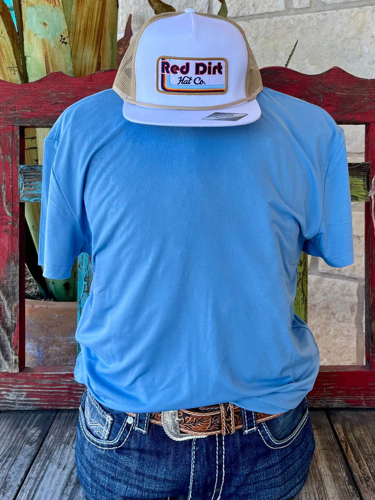 Men’s Red Dirt T-Shirt Solid Blue Short Sleeve in Blue, made from soft breathable fabric for all-day comfort, with a relaxed crew neck cut for easy wear - GTTSTBL. Available at Blair's Western Wear, Marble Falls, TX.
