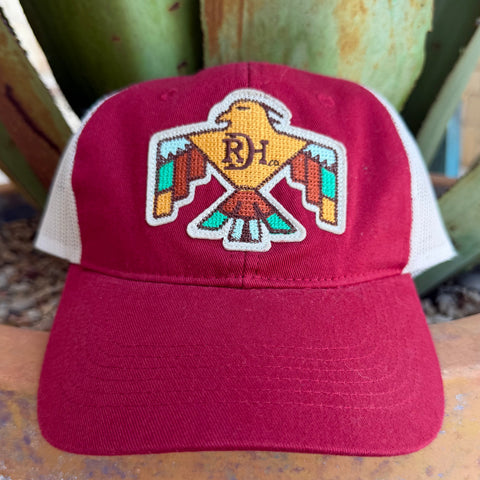 Red Dirt Hat Co. Mesh Cap with Thunderbird Patch in Brick/Natural, embroidered Thunderbird design for standout style, with breathable mesh back for comfort - RDHC379. Available at Blair's Western Wear, Marble Falls, TX.