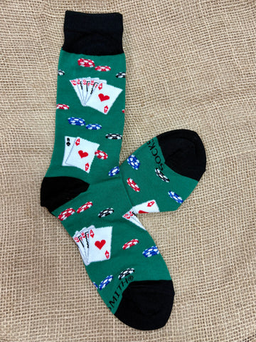 Men’s Renfro Poker Socks in green with playing card and poker chip design, built with a soft cotton blend for comfort, and reinforced heel and toe for durability - MNC3627. Available at Blair's Western Wear, Marble Falls, TX.