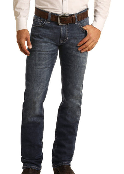 Men’s Rock & Roll Denim slim straight jean in medium wash, slim straight leg opening for a clean fit, with comfortable stretch denim for everyday wear – RRMD1RRZSO. Available at Blair's Western Wear, Marble Falls, TX.