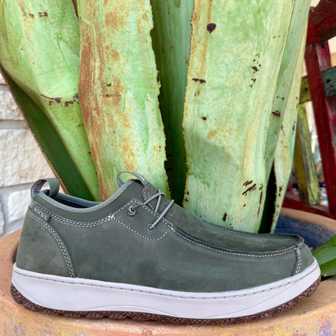 Men’s Rocky leather slip-on shoe in spruce green, crafted from full-grain leather for comfort, with a cushioned Rocky Airport footbed and slip-resistant sole - RKS0700. Available at Blair's Western Wear, Marble Falls, TX.