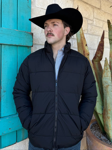 Men’s Roper black poly quilted jacket, lightweight insulated design, with zip hand pockets and ribbed cuffs – 3976936648B. Available at Blair’s Western Wear, Marble Falls, TX.