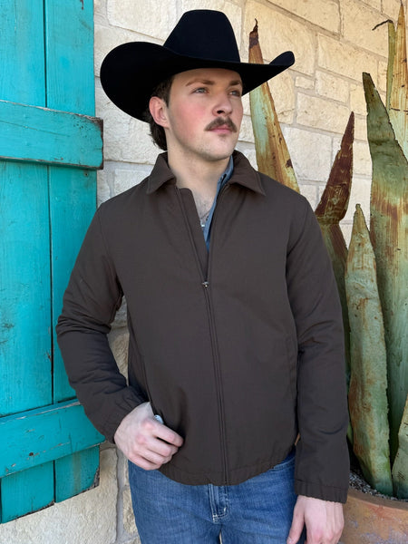 Men’s Roper canvas zip jacket in chocolate brown, made from durable canvas with full front zipper and elastic cuffs for wind protection – 3974096221. Available at Blair’s Western Wear, Marble Falls, TX.