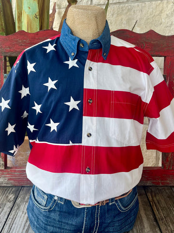 Men’s Roper button-down short sleeve flag shirt in red, white, and navy, made from breathable cotton for hot weather comfort, with a denim collar for added Western style – 302185101. Available at Blair's Western Wear, Marble Falls, TX.