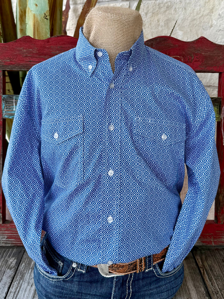 Men’s Roper long sleeve button-down print shirt in blue and white, crafted from lightweight cotton blend fabric, with dual front chest pockets for secure storage - 3013254301. Available at Blair's Western Wear, Marble Falls, TX.