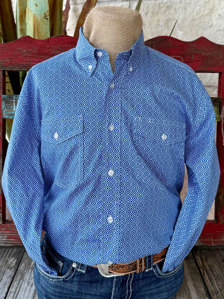 Men’s Roper long sleeve button-down print shirt in blue and white, crafted from lightweight cotton blend fabric, with dual front chest pockets for secure storage - 3013254301. Available at Blair's Western Wear, Marble Falls, TX.
