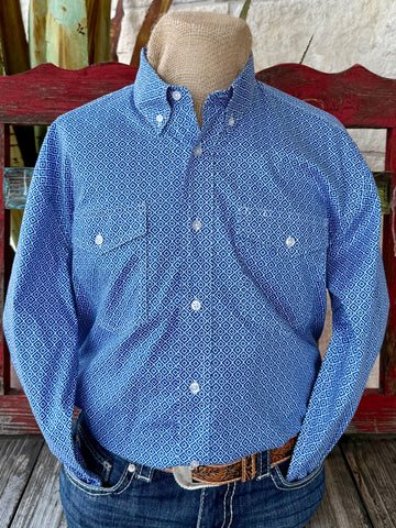 Men’s Roper long sleeve button-down print shirt in blue and white, crafted from lightweight cotton blend fabric, with dual front chest pockets for secure storage - 3013254301. Available at Blair's Western Wear, Marble Falls, TX.