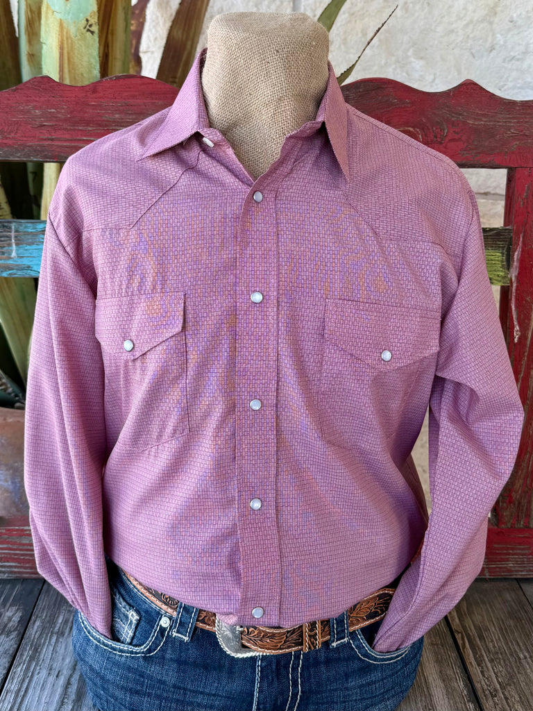 Men’s Roper long sleeve snap two-pocket check shirt in rope wine, breathable woven cotton fabric, with snap front closure and secure chest pockets – 1011451081. Available at Blair's Western Wear, Marble Falls, TX.