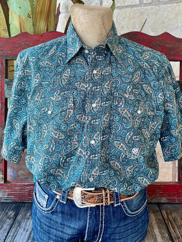 Men's Roper Shirt short-sleeve snap/two-pocket in teal, crafted from breathable cotton, dual front pockets for functionality - 3-02-225-3022 BU. Available at Blair's Western Wear, Marble Falls, TX.