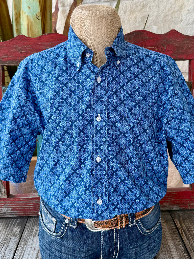 Men's Roper short sleeve button-down print shirt in navy and light blue, lightweight cotton blend for comfort, with button-down collar that stays in place - 3023264037. Available at Blair's Western Wear, Marble Falls, TX.