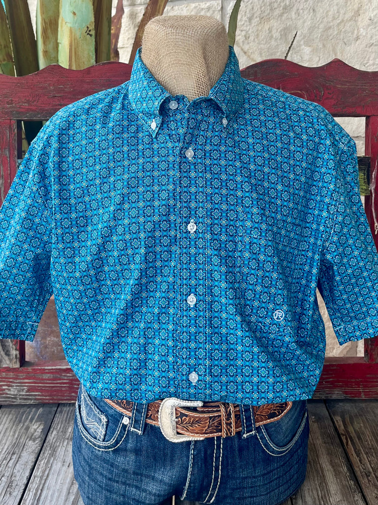 Men's Roper Short Sleeve Button-Down Printed Shirt in Turquoise/Navy, with breathable cotton fabric for comfort, and a sharp geometric floral pattern with chest pocket detailing - 3023264043. Available at Blair's Western Wear, Marble Falls, TX.
