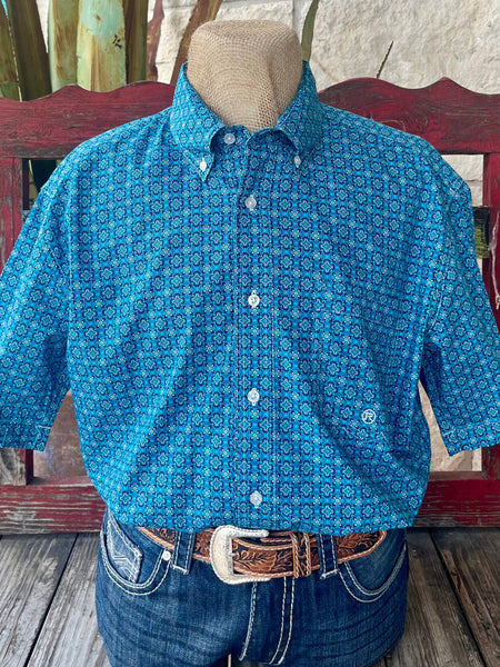 Men's Roper Short Sleeve Button-Down Printed Shirt in Turquoise/Navy, with breathable cotton fabric for comfort, and a sharp geometric floral pattern with chest pocket detailing - 3023264043. Available at Blair's Western Wear, Marble Falls, TX.
