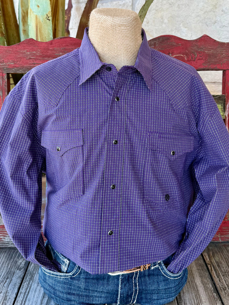 Men’s Roper long sleeve western shirt in purple check, made from breathable cotton poplin, with pearl snap front and double flap pockets – 3017787702. Available at Blair’s Western Wear, Marble Falls, TX.
