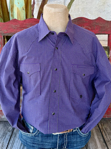 Men’s Roper long sleeve western shirt in purple check, made from breathable cotton poplin, with pearl snap front and double flap pockets – 3017787702. Available at Blair’s Western Wear, Marble Falls, TX.